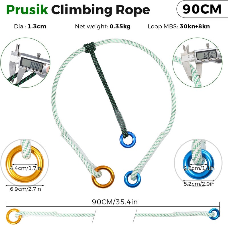 KINGTLE 12mm Heavy Duty Prusik Climbing Rope & Cord Set - 30kN Main Rope + 8kN Friction Cord, Zero-Slip Grip, 100% Polyester for Rock Climbing, Arborist & Rescue, 90cm/120cm/250cm (90CM) - Image 2